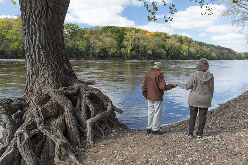 Couple by river with tree roots