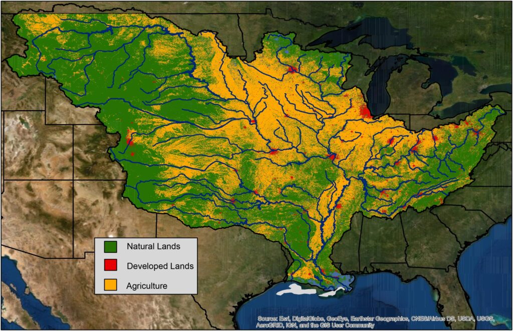 A satellite image of the continental U.S. with the Mississippi River and its tributaries highlighted in blue. Undeveloped, agricultural and developed lands in the watershed are color coded.