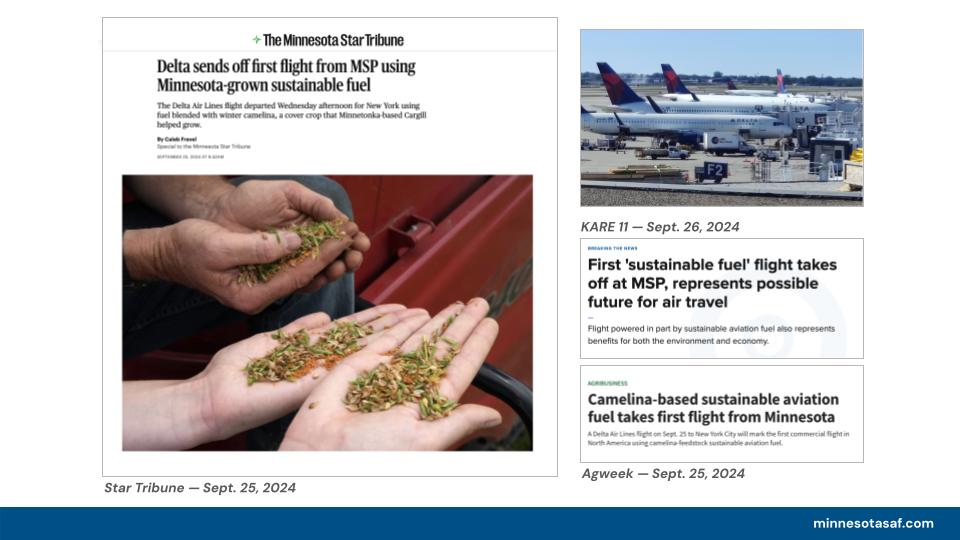 A collection of new headlines published about the winter camelina fueled flight in September of 2024.