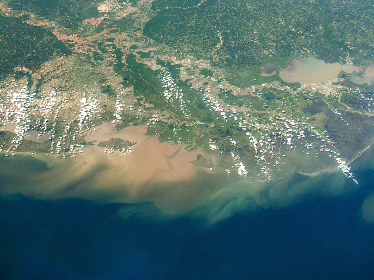 A satellite view showing sediment buildup in the Gulf of Mexico.