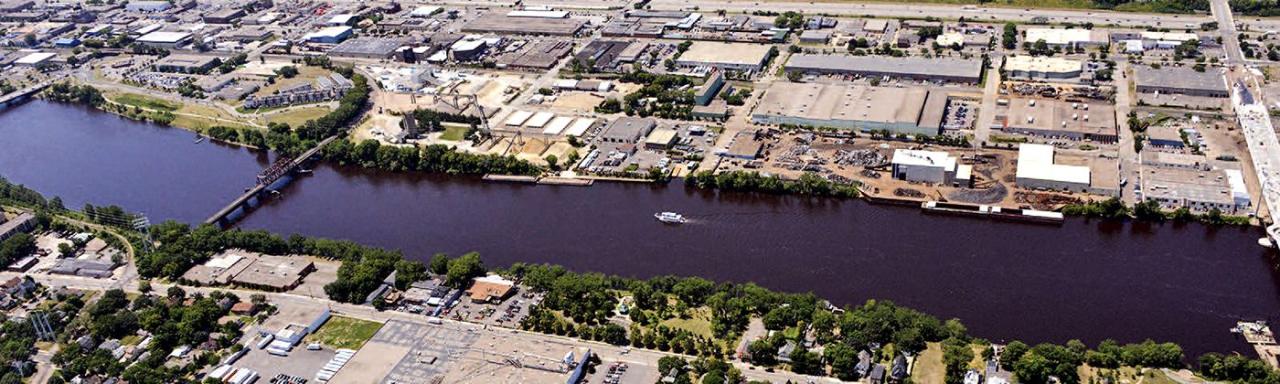 A little more green, please — for our waters and our riverfront communities. (Aerial view, from the north, above Saint Anthony Falls.) Courtesy City of Minneapolis