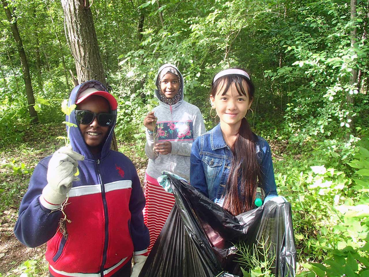 Students remove garlic mustard from the Mississippi River gorge in Minneapolis