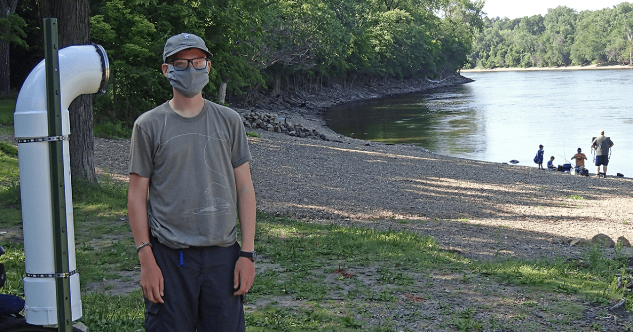 Jonathan with his fishing line receptacle