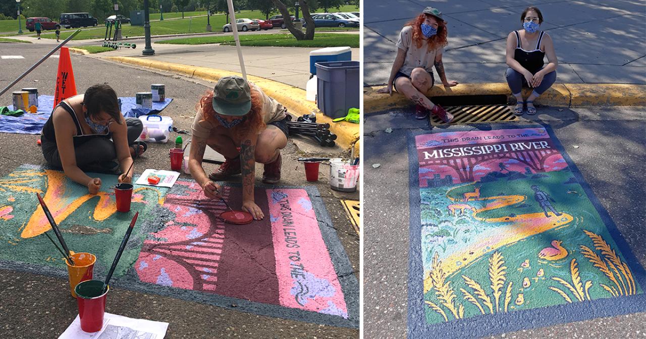 Artists work on mural and pose with finished mural