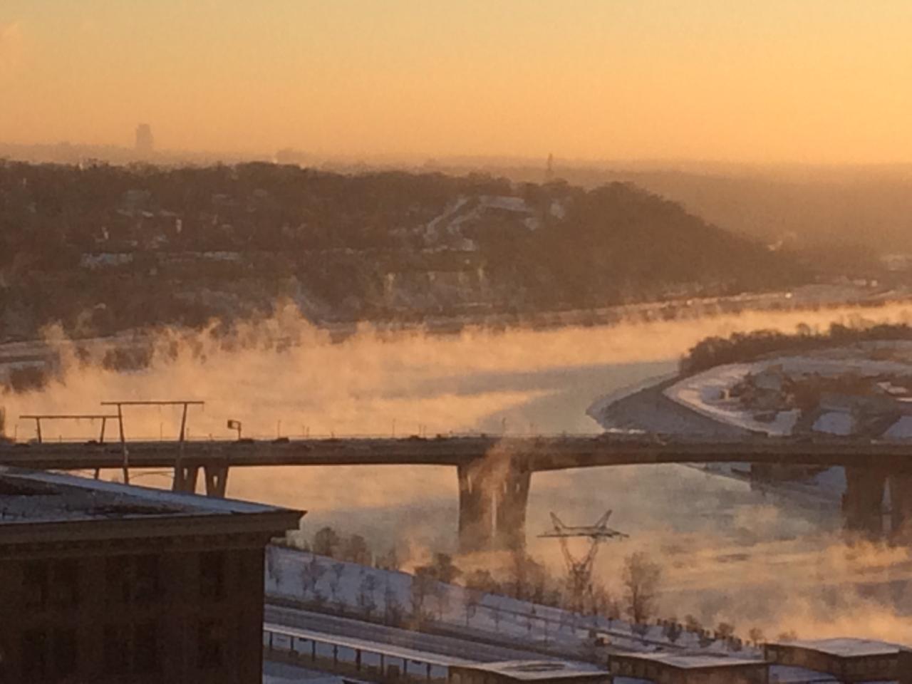 Mist rising from the Mississippi on a cold December dawn