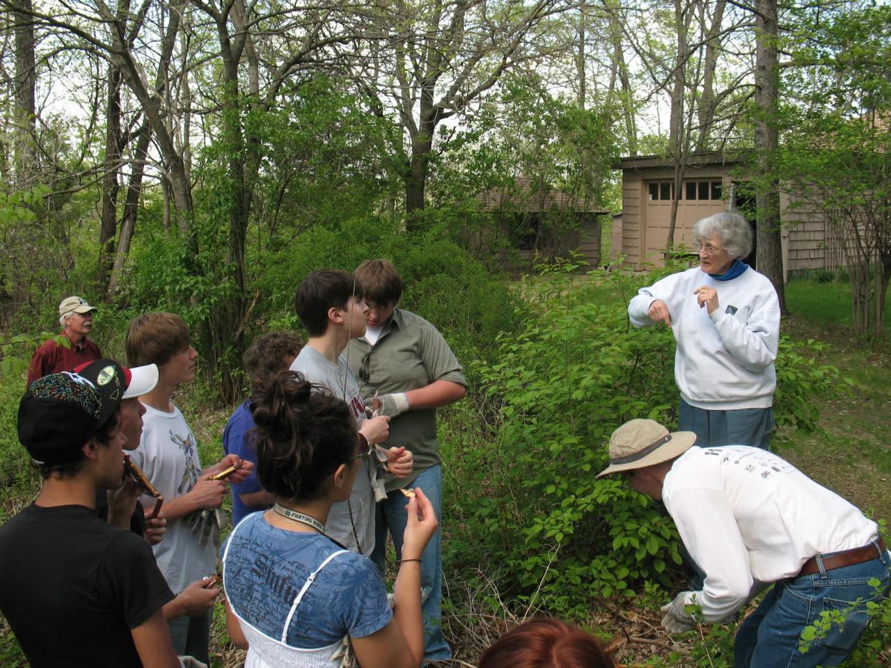 Tecla Karpen and students in "Karpen Woods"