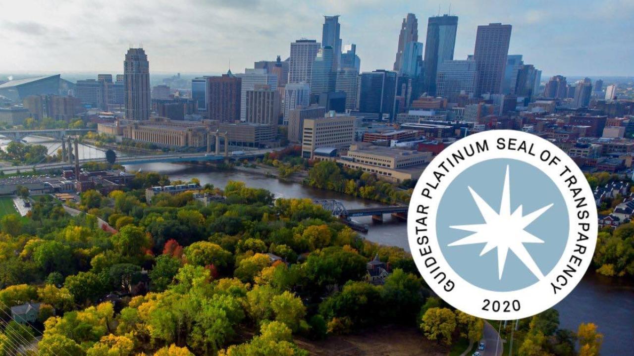 View of the the Mississippi River and Minneapolis, MN skyline