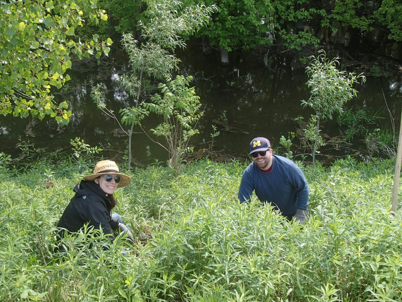 Two volunteers pause while planting shrubs to smile at the camera.