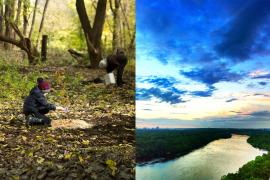 Child plants a tree; Mississippi River and bright sky