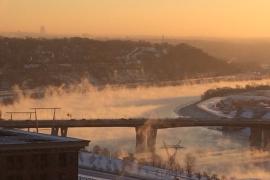 Mist rising from the Mississippi on a cold December dawn