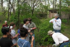 Tecla Karpen and students in "Karpen Woods"