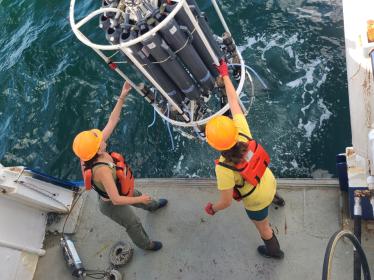 Two scientists stand at the edge of a boat, as a large piece of equipment is held at the surface of the water.