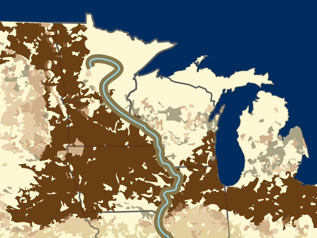 Map of Midwest with brown over much of the area around the Mississippi River