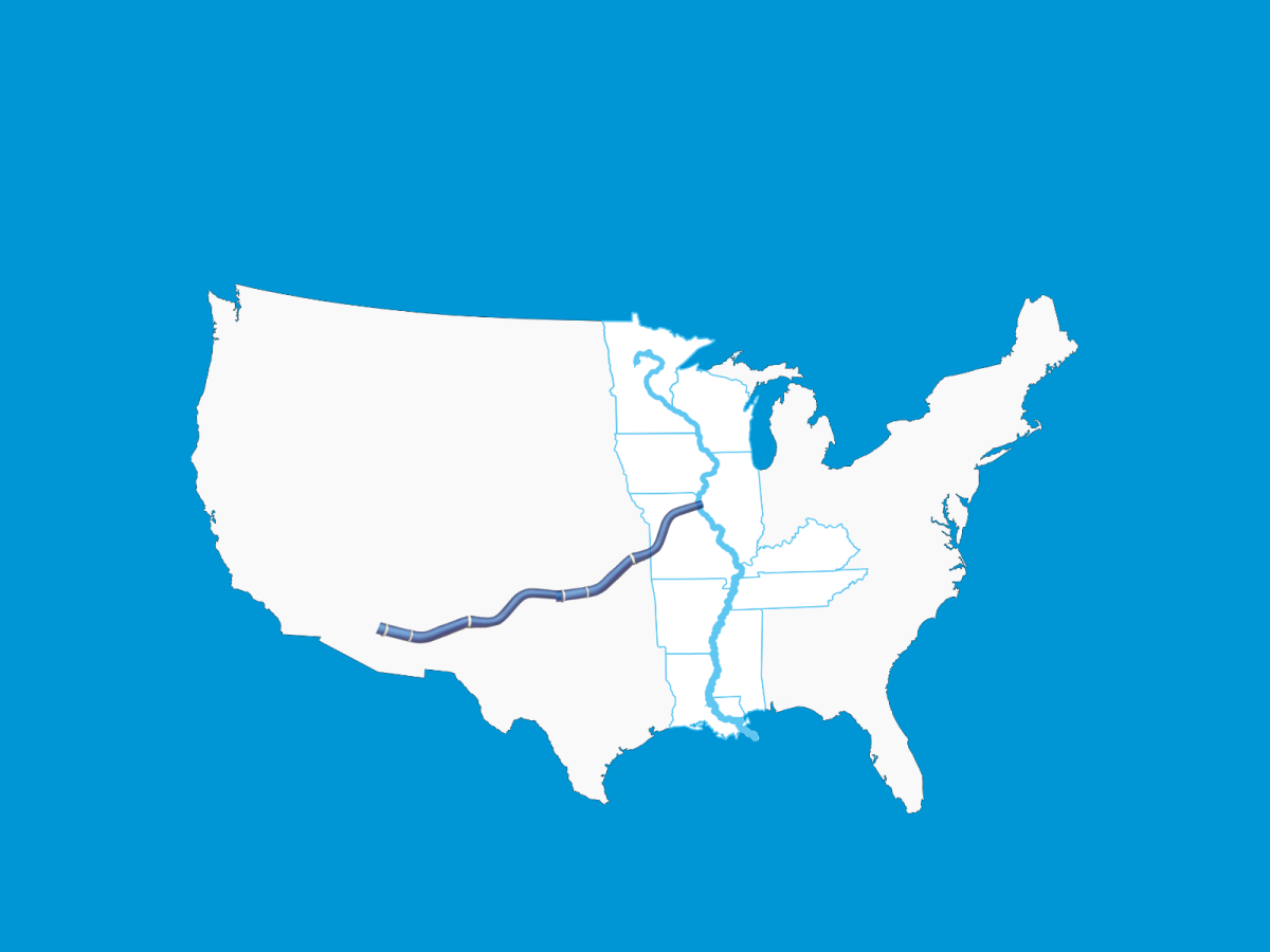 Outline of U.S. with Mississippi River, plus a pipeline splitting off the river to the Southwest