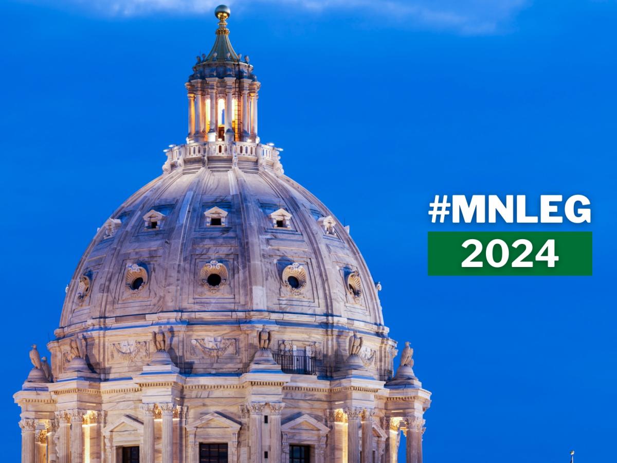 The dome of the Minnesota Capitol building, seen in front of an evening blue sky. Text says "MNLEG 2024."