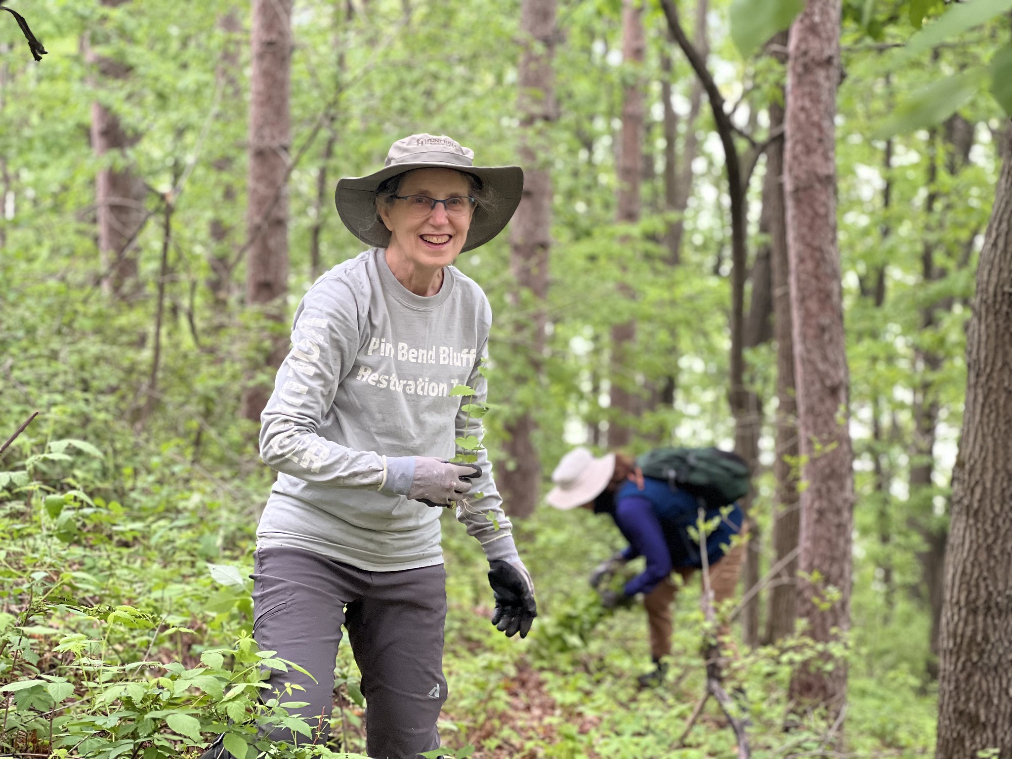 A volunteer pulls garlic mustard