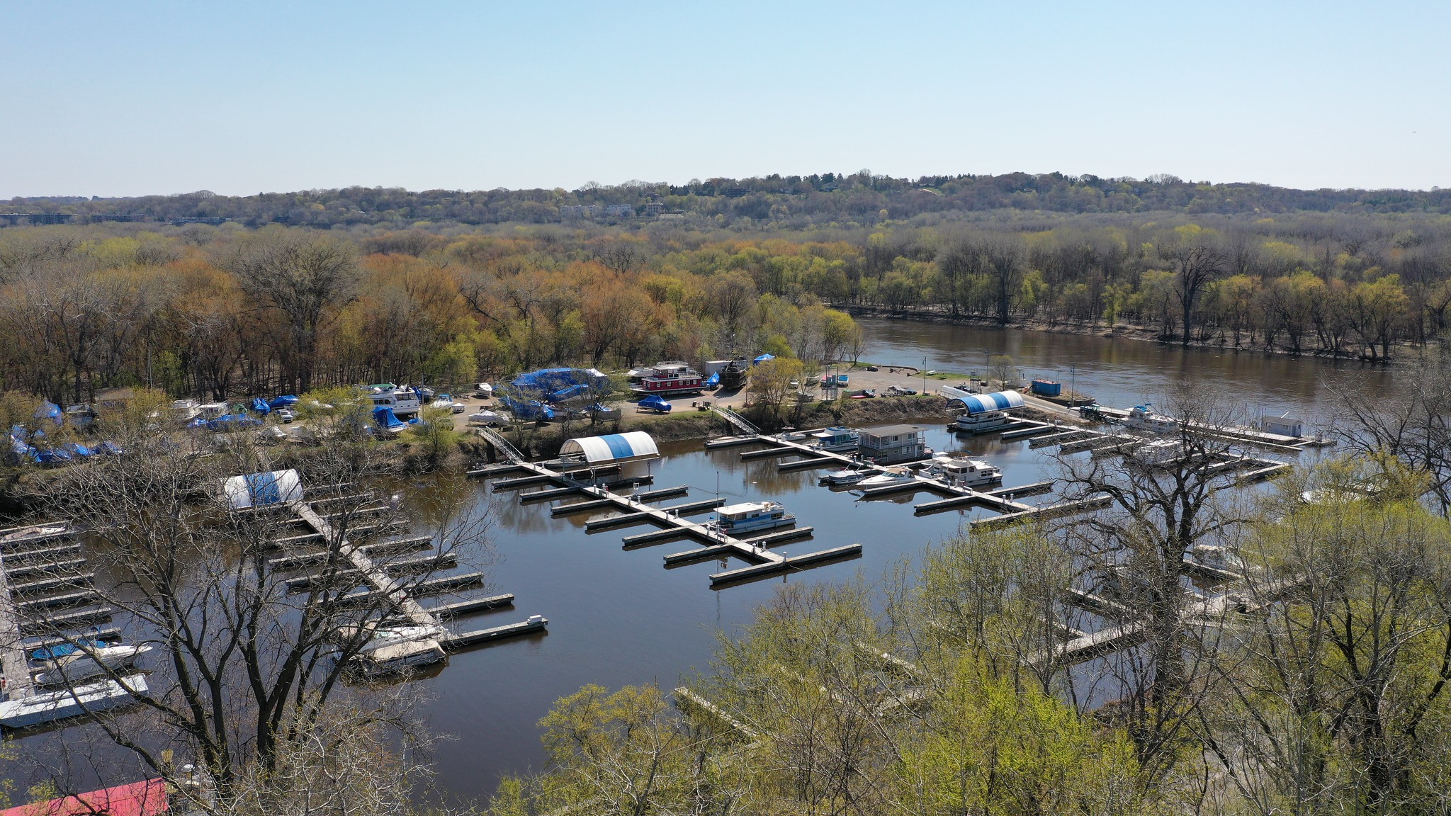 An overhead view of boats in the harbor at Watergate Marina.